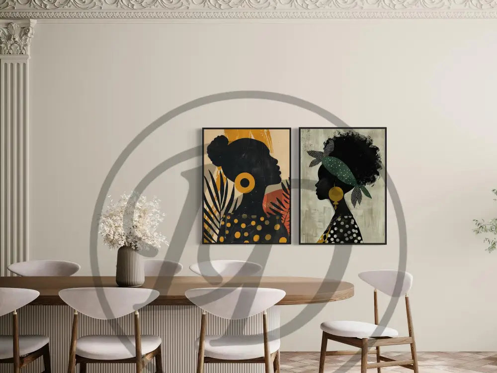 Printable wall décor featuring Black women silhouettes and patterns.