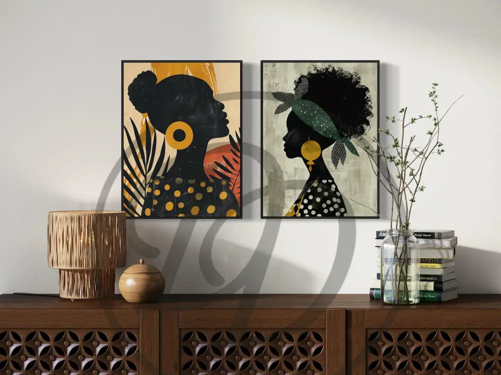 Afrocentric silhouette digital wall art 2-piece set with bold African patterns and Black female profiles. Printable for modern minimalist home décor.