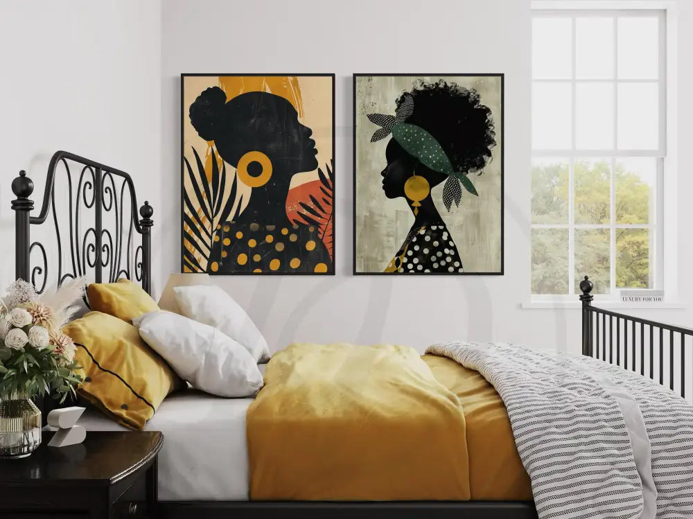 Afrocentric silhouette printable wall art set with vibrant patterns.