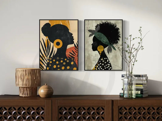 Afrocentric silhouette digital wall art 2-piece set with bold African patterns and Black female profiles. Printable for modern minimalist home décor.