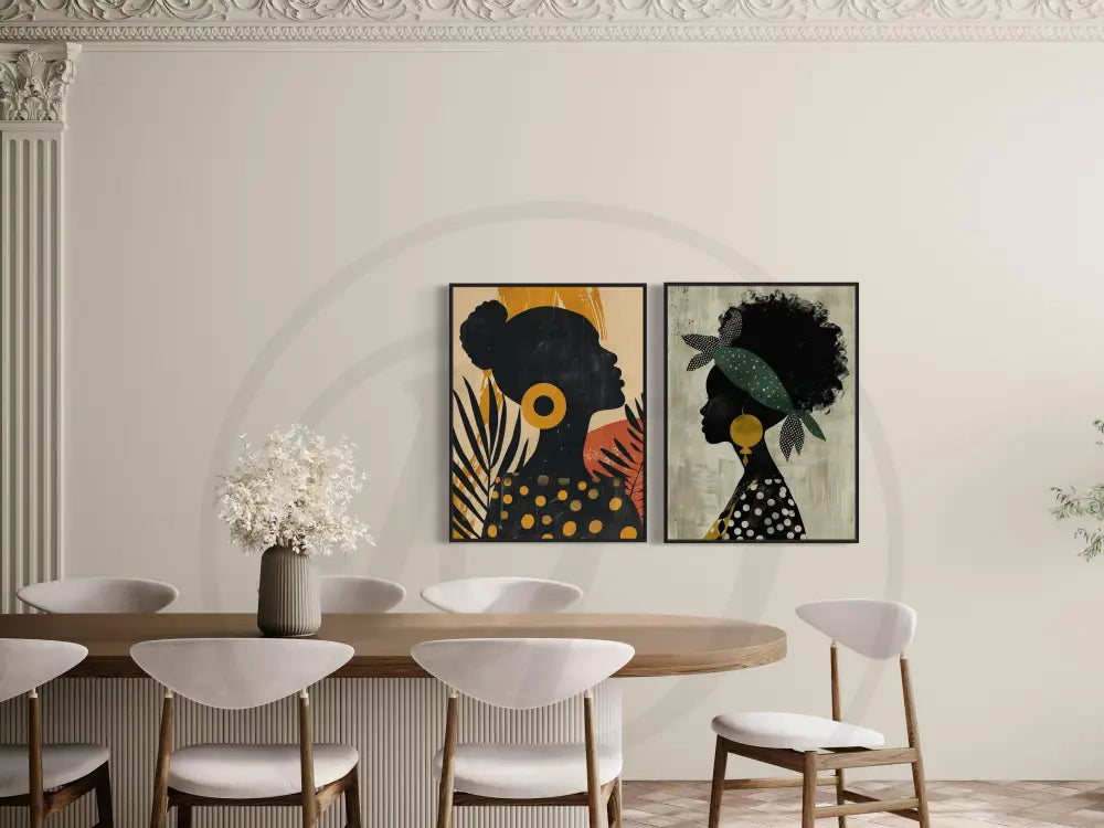 Printable wall décor featuring Black women silhouettes and patterns.