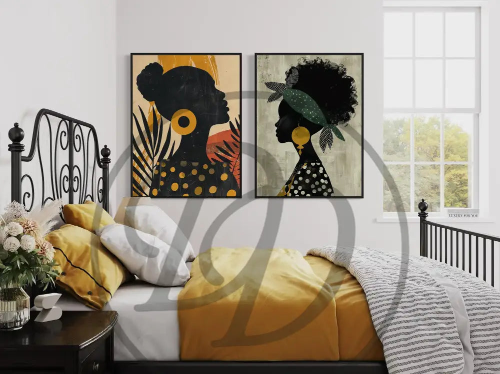 Afrocentric silhouette printable wall art set with vibrant patterns.
