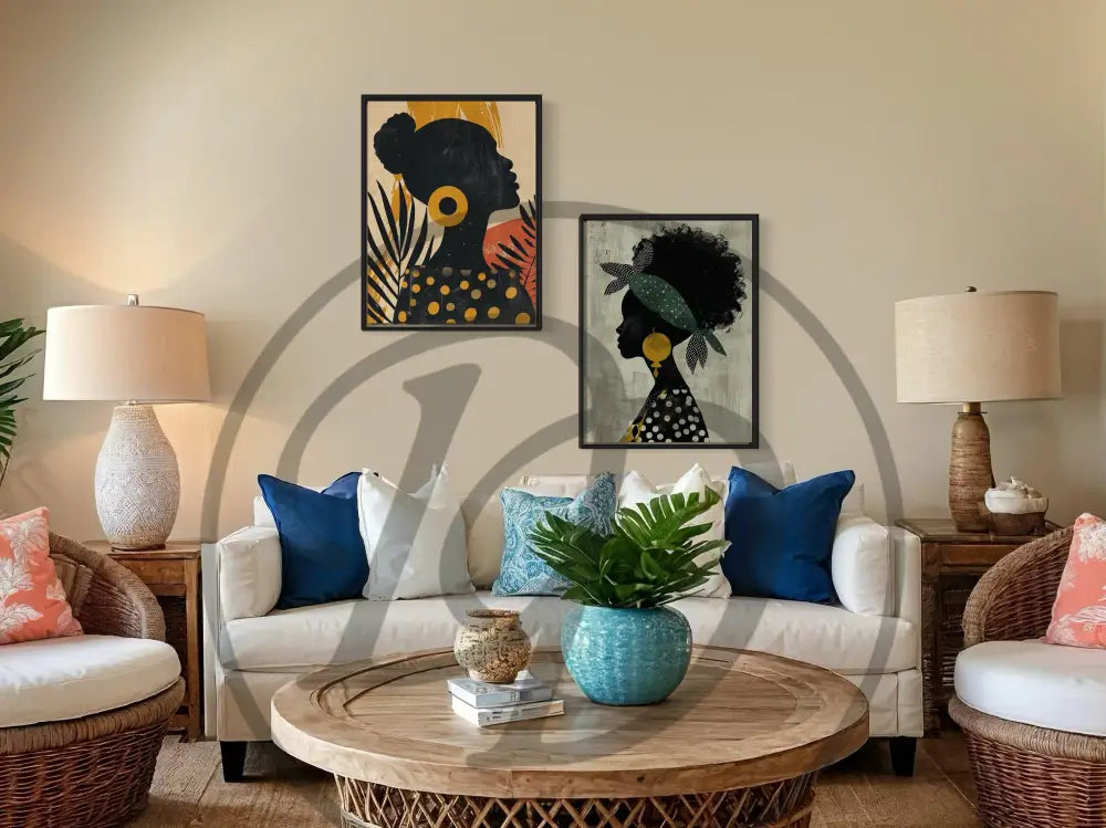 Modern Black female profiles 2-piece digital download wall art.