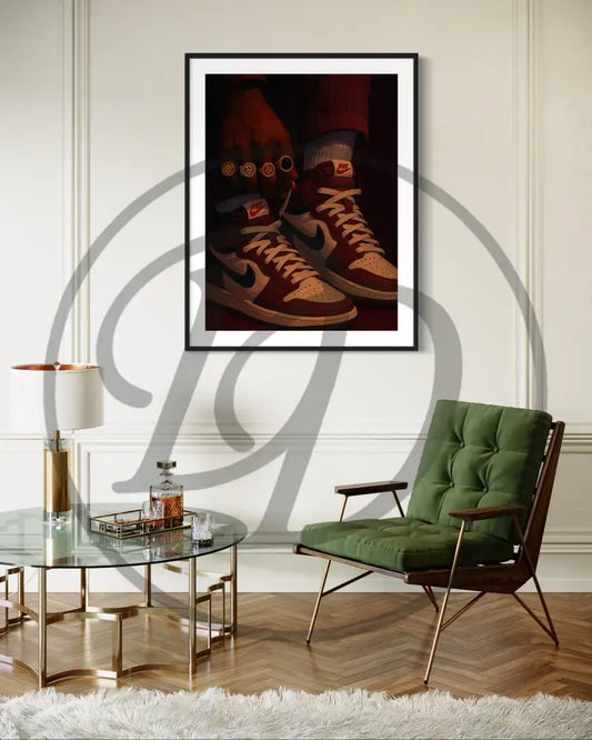 Digital art of stylish Black man with rings tying shoes