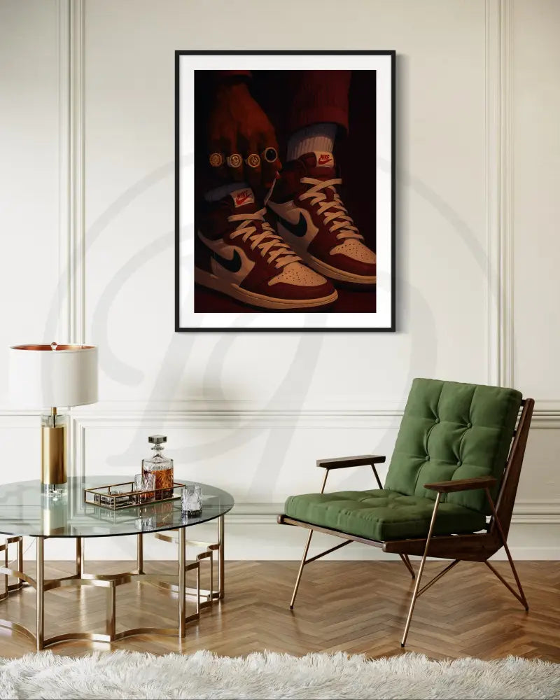 Digital art of stylish Black man with rings tying shoes