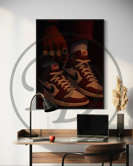 Afrocentric sneaker wall art of Black man tying sneakers