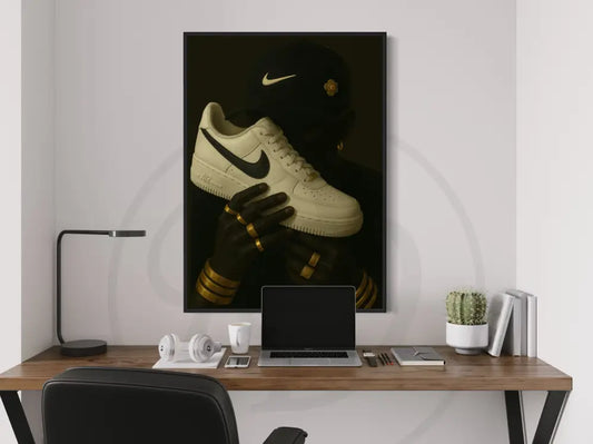 Afrocentric sneaker wall art featuring Nike Air Force 1 and gold jewelry.
