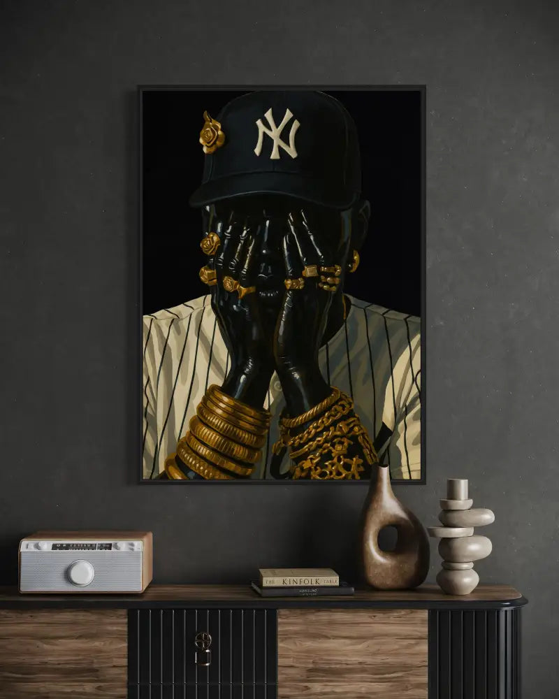 Streetwear-inspired Afrocentric digital art set featuring gold chains and NY style.