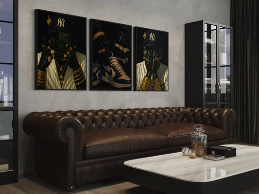 Modern Afrocentric 3-piece wall art set with sneakers, caps, and jewelry.