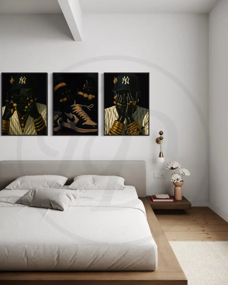 Afrocentric luxury triptych showing gold jewelry, sneakers, and urban fashion.