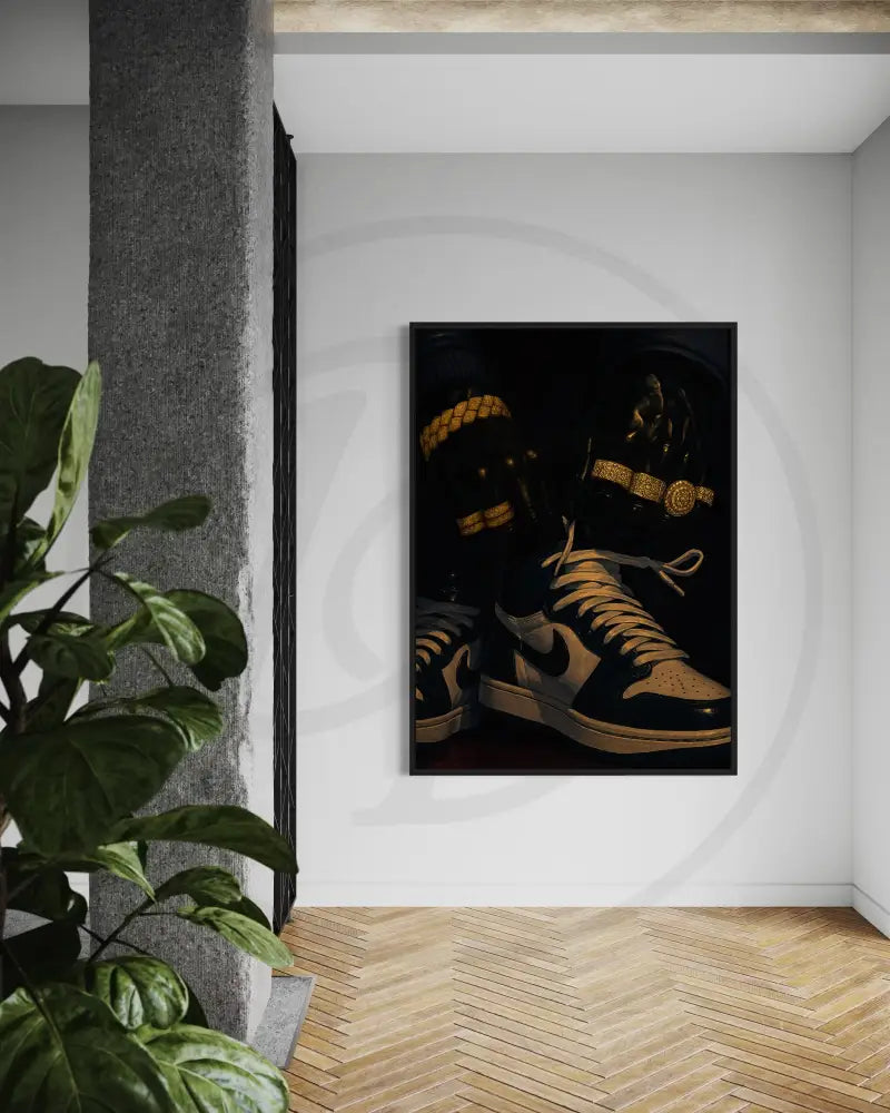 Afrocentric triptych with sneakers, jewelry, and modern cultural streetwear.