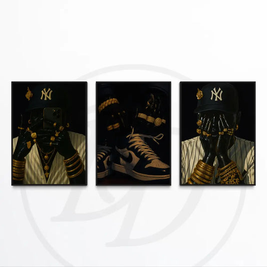 Afrocentric triptych digital art featuring Black figure in NY streetwear and gold jewelry.