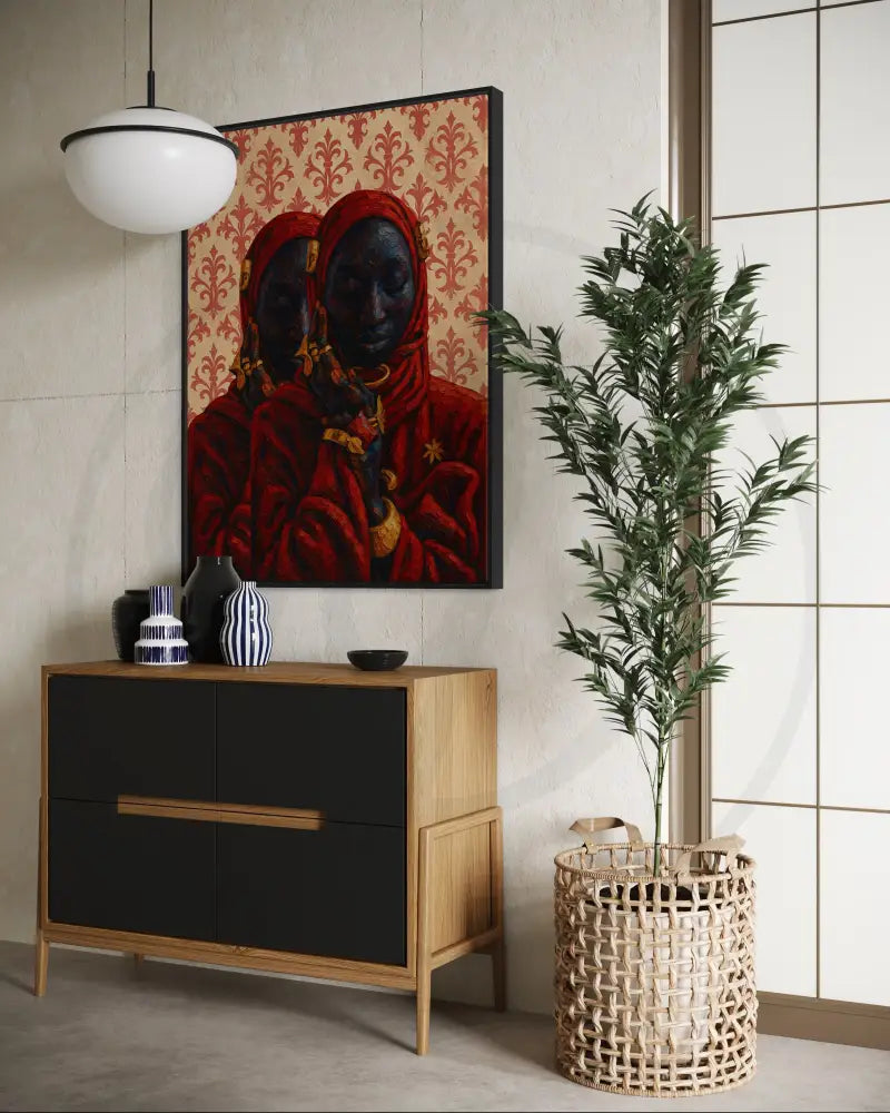 Afrocentric digital wall art of two Black women in red with gold jewelry.