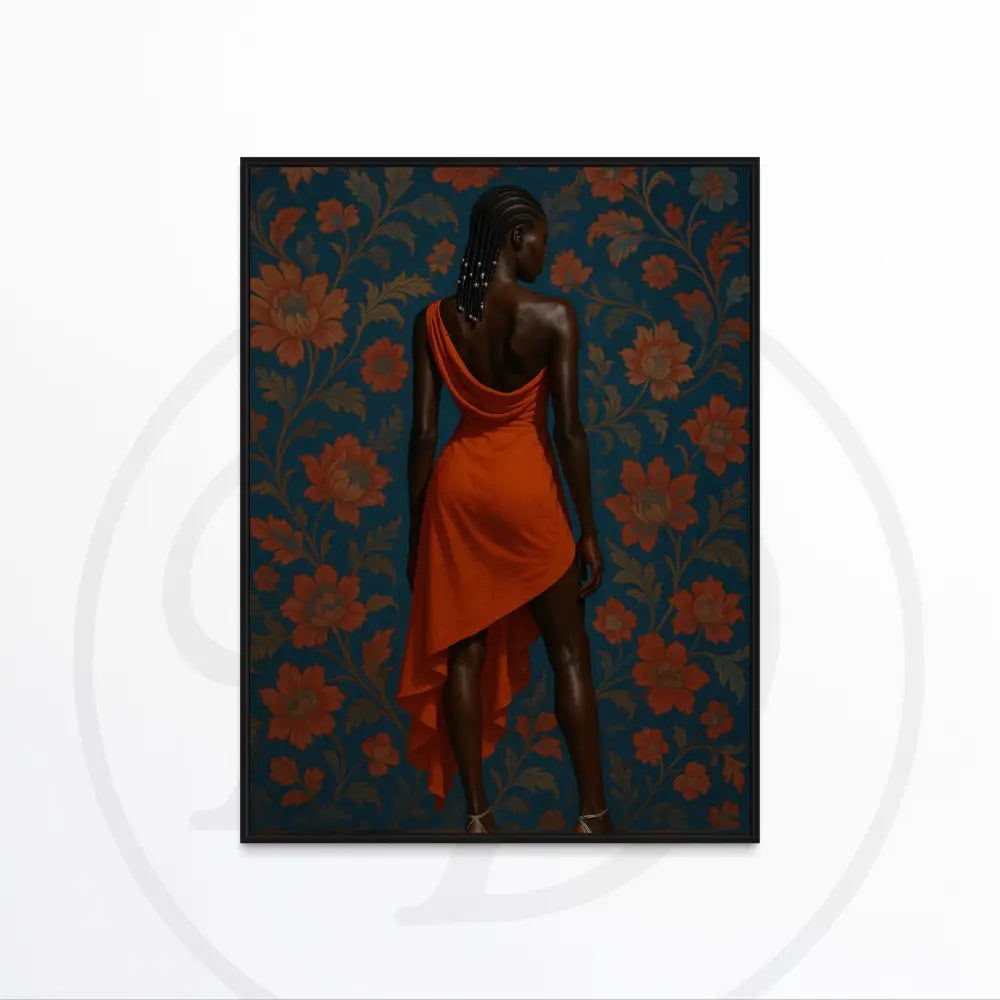 Afrocentric wall art of Black woman in orange dress with floral backdrop