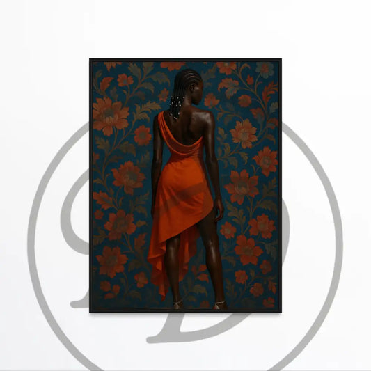 Afrocentric wall art of Black woman in orange dress with floral backdrop