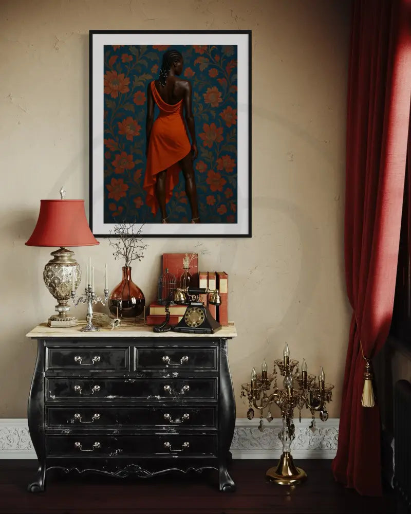 Elegant Black woman in orange dress digital wall art
