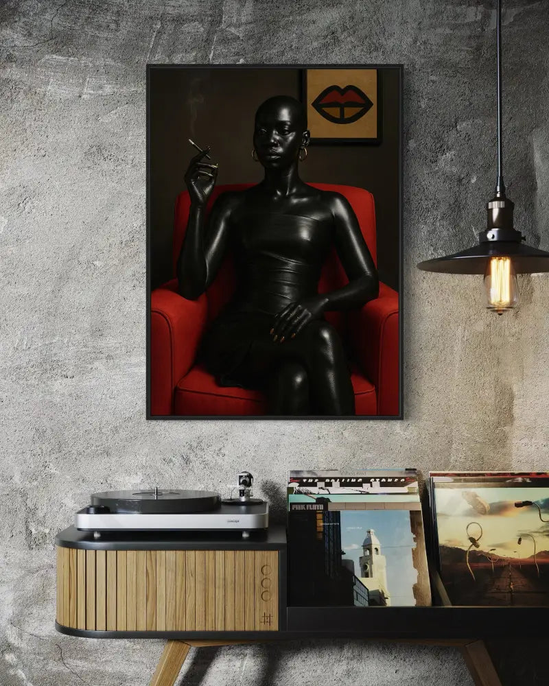 Afrocentric printable wall art of stylish Black woman in red chair.
