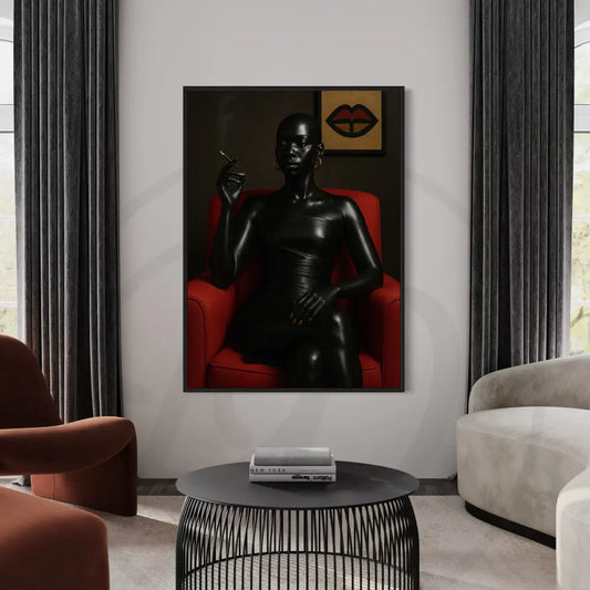 Afrocentric wall art of Black woman seated in red chair.