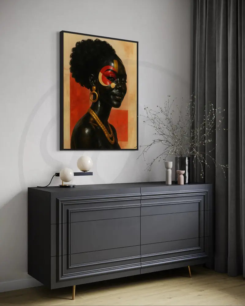 Black woman smiling in Afrocentric face paint wall art
