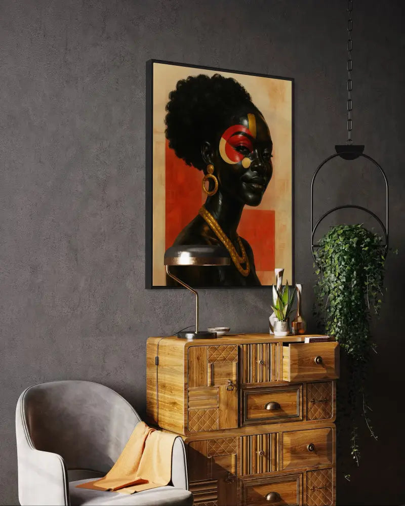 Black woman wall art with gold jewelry and painted face