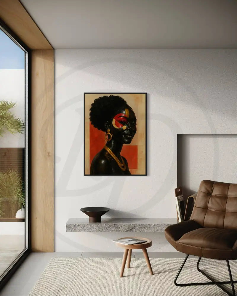 Afrocentric portrait print featuring gold hoop earrings