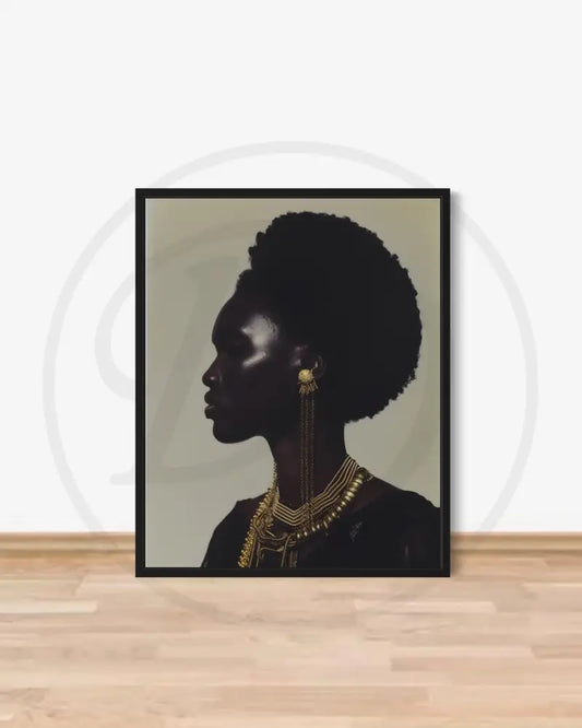 Afrocentric silhouette art of Black woman with gold jewelry
