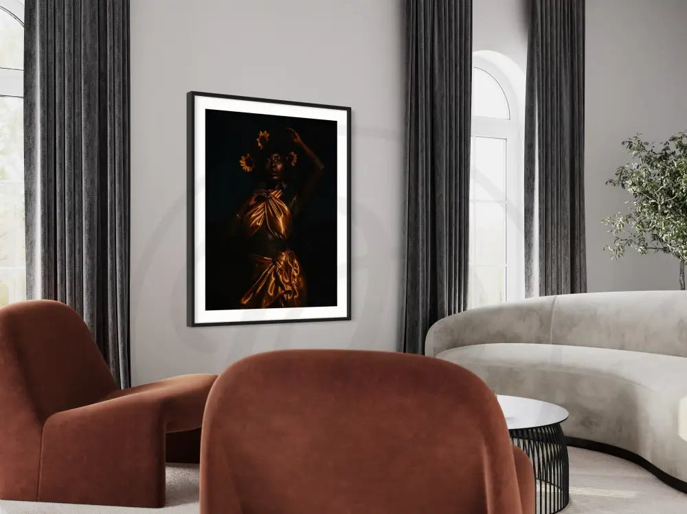 Afrocentric cultural portrait celebrating Black woman beauty with flowers and bold gold tones.