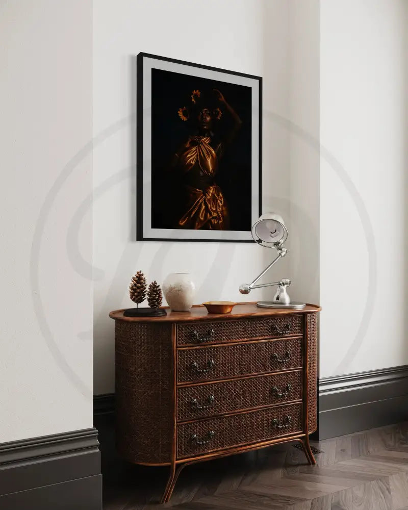 Black woman digital artwork download with sunflowers and golden satin wrap in dramatic lighting.