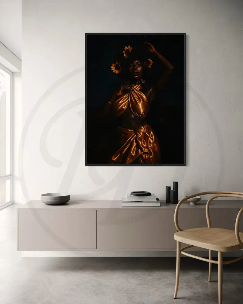Decorative Afrocentric wall art featuring a radiant Black woman with afro and sunflower accents.