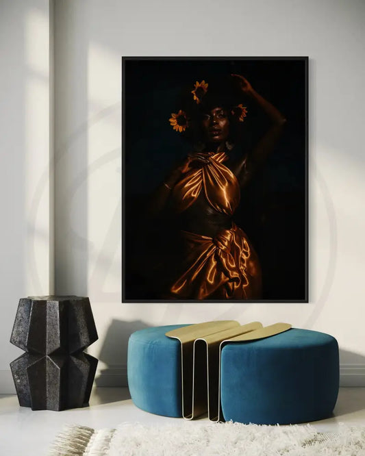 Afrocentric digital wall art of a Black woman in golden satin with sunflowers in her afro.