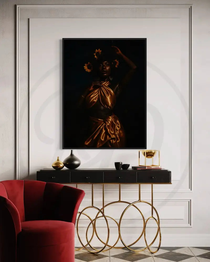Printable Afrocentric portrait of a regal Black woman wearing sunflower crown and gold draped fabric.