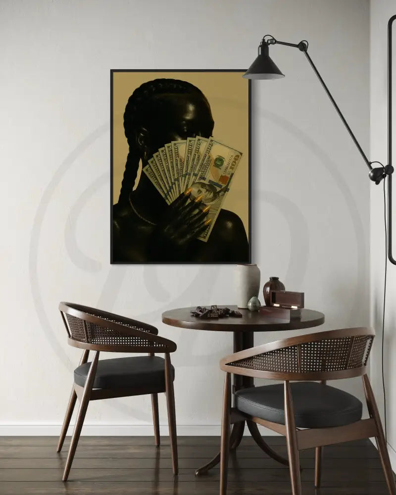Afrocentric cultural luxury artwork with gold jewelry and money fan.