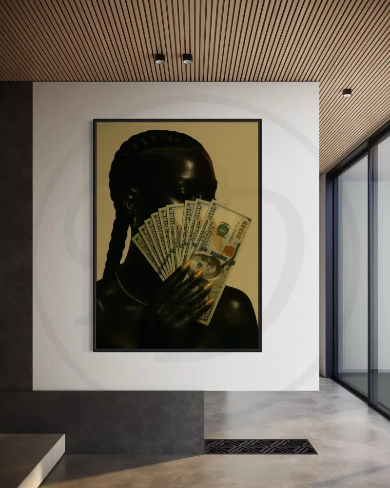 Afrocentric wall art of Black woman holding money fan with gold nails.