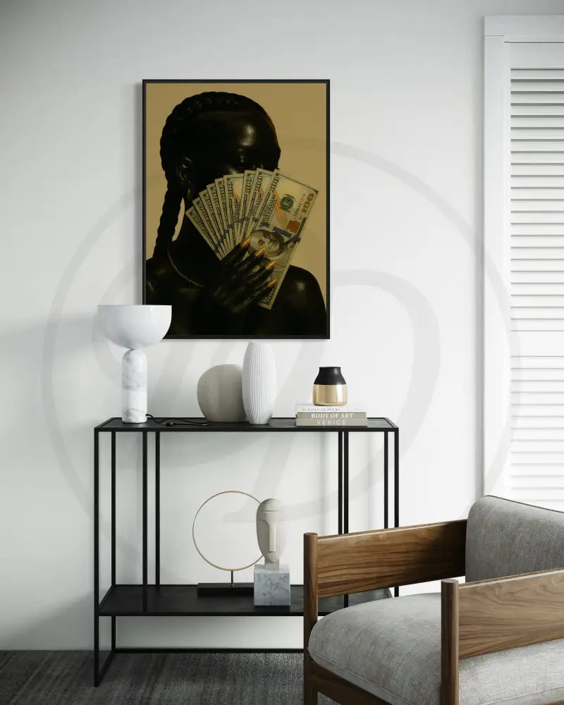 Afrocentric editorial digital print featuring money and style.