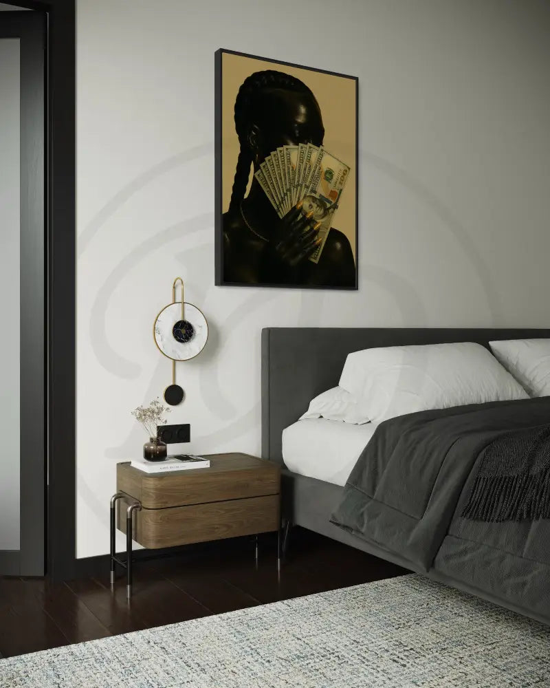 Afrocentric bold portrait with fan of cash and gold accents.