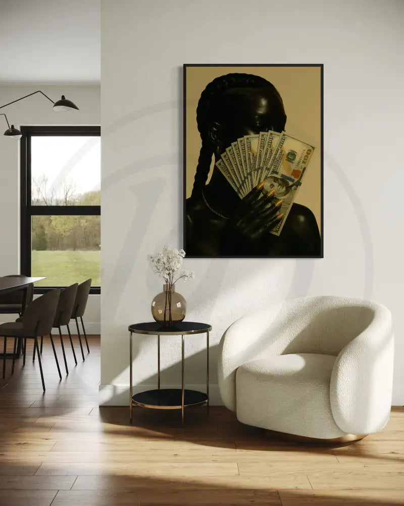Afrocentric downloadable artwork of woman with money fan wall art.