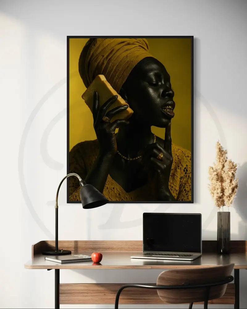 Editorial Afrocentric portrait with gold attire and bread phone.