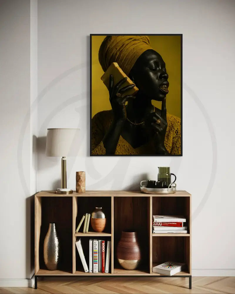Bold Afrocentric satire wall art in golden tones.
