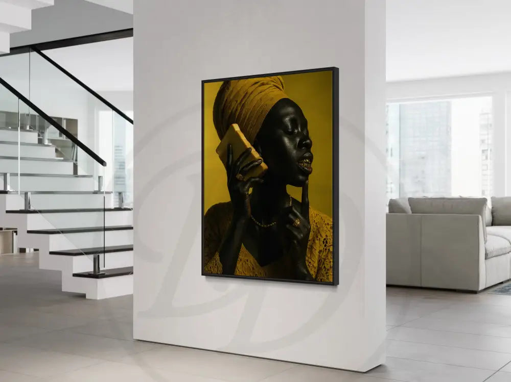Playful Afrocentric cultural wall art with bread phone satire.