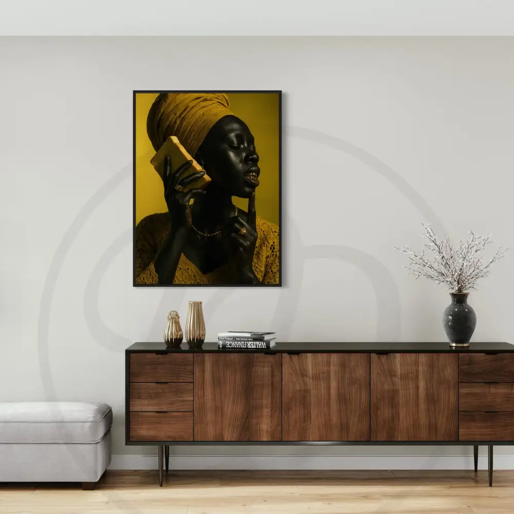 Regal Afrocentric portrait with gold headwrap and jewelry.