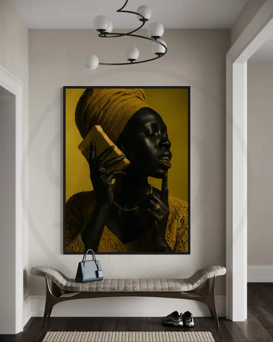 Afrocentric wall art of Black woman with bread phone concept.