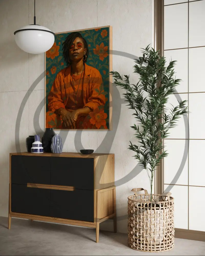 Digital print of Black woman in orange clothing against floral backdrop