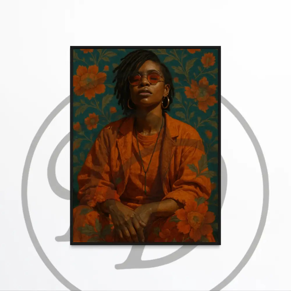 
Afrocentric wall art of confident Black woman in orange outfit and sunglasses