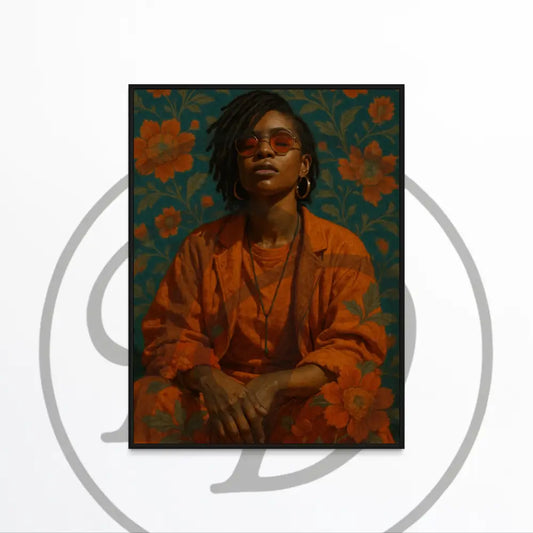
Afrocentric wall art of confident Black woman in orange outfit and sunglasses