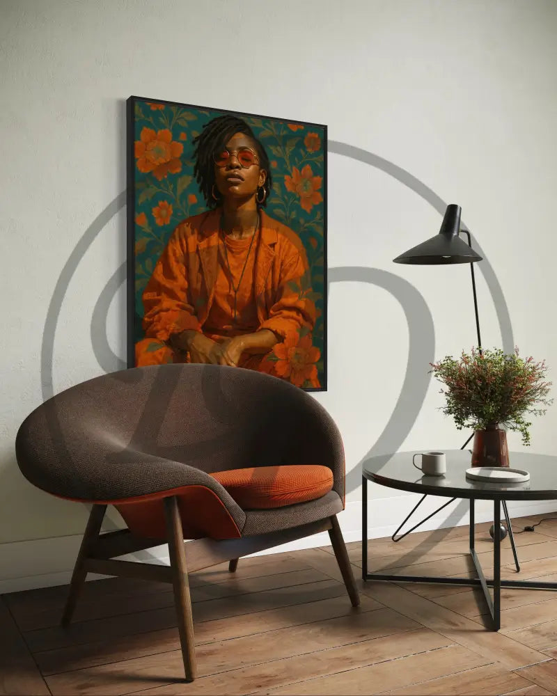 Afrocentric wall art with vibrant teal floral background and striking outfit