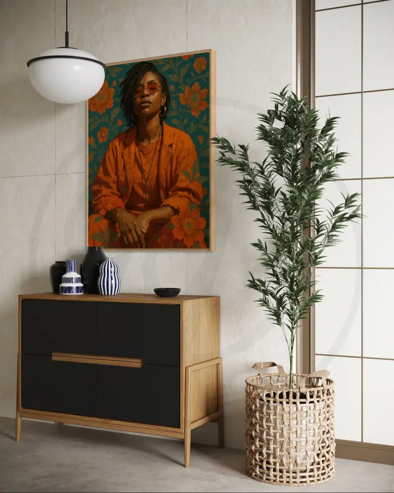 Digital print of Black woman in orange clothing against floral backdrop