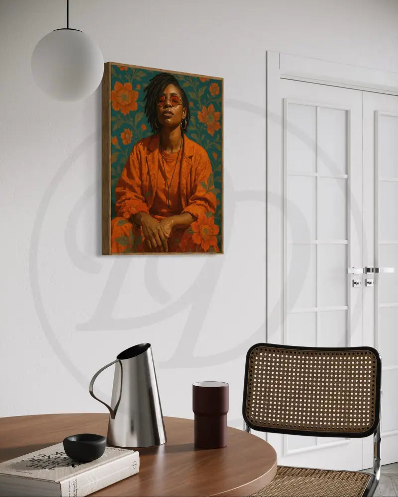 Digital print of stylish Black woman with locs in bold cultural attire

