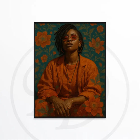 
Afrocentric wall art of confident Black woman in orange outfit and sunglasses