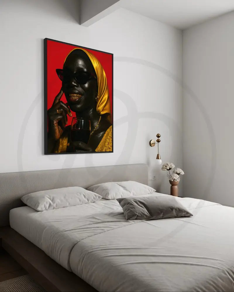 Bold Afrocentric wall art with golden headscarf and wine.