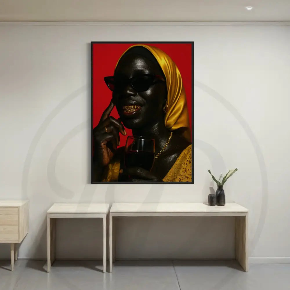 Afrocentric golden hijab wall art with vivid red background.